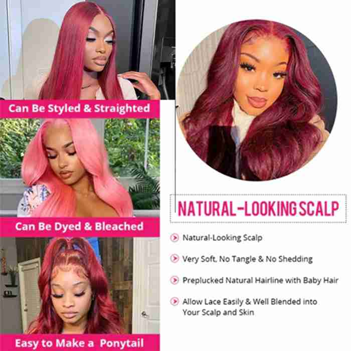 Burgundy 99J Color Body Wave 4x4 Lace Frontal Wig with Pre Pluck For Black Women