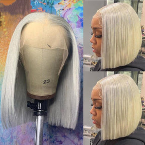 Silver Grey Brazilian Hair Transparent HD Lace Short Bob Wig For Women