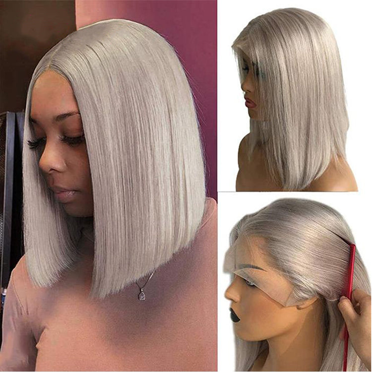 Silver Grey Brazilian Hair Transparent HD Lace Short Bob Wig For Women