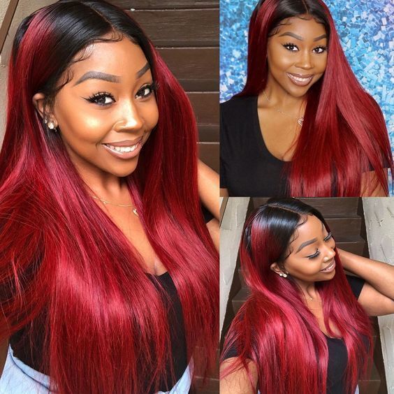 1B 99J Ombre Straight Lace Front Human Hair Wigs With Pre-plucked Hairline