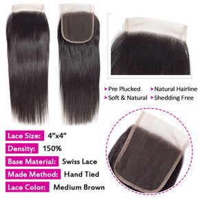 4x4 Transparent Lace Closure Straight Human Hair Closure Natural Black Hair