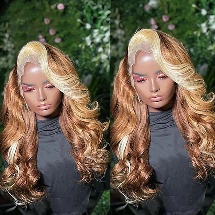 Blonde Skunk Stripe Hair 13x4 Body Wave Lace Front Wig Brown Hair With Blonde Highlights