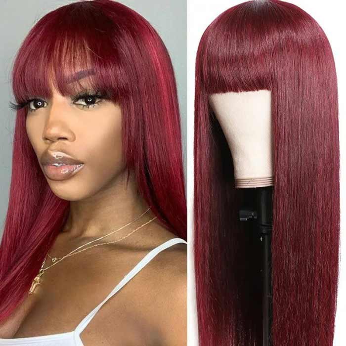 Full Machine Made Wig Straight Virgin Hair Wigs With Bangs